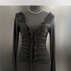 Y2K Express Black Ruffled Long-Sleeve Ruched Top